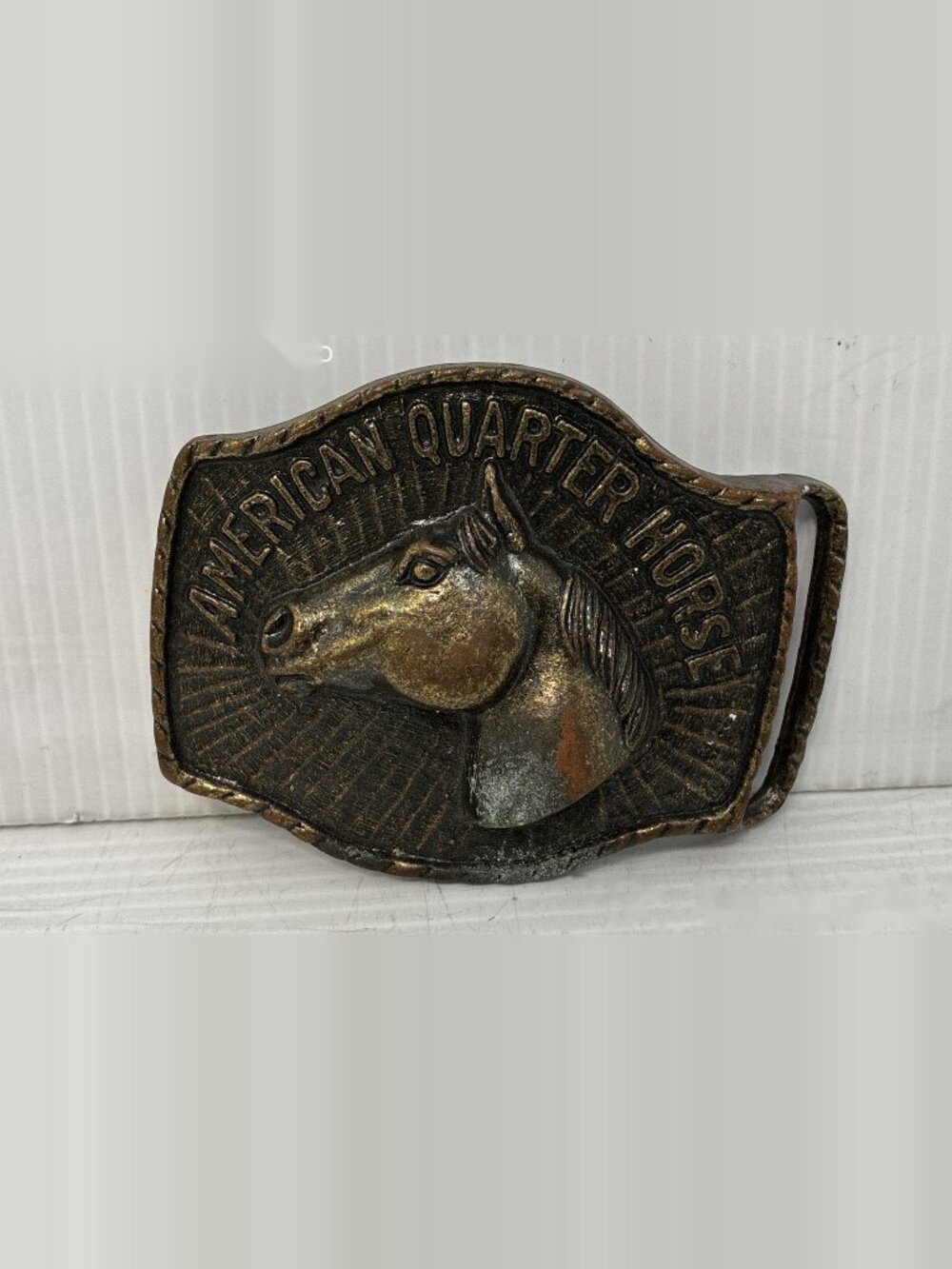Vintage JJJ Triple J American Quarter Horse Brass Belt Buckle Sunburst Western